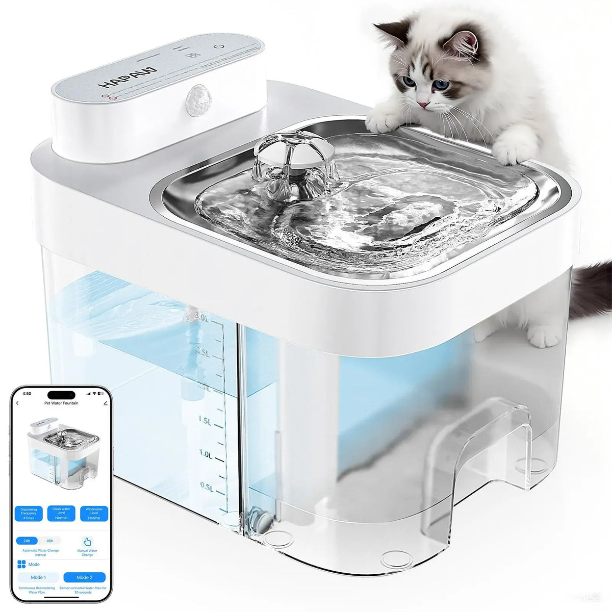 HAPAW Cat Water Fountain – 2.4GHz Wi-Fi App Control, 5000mAh Battery