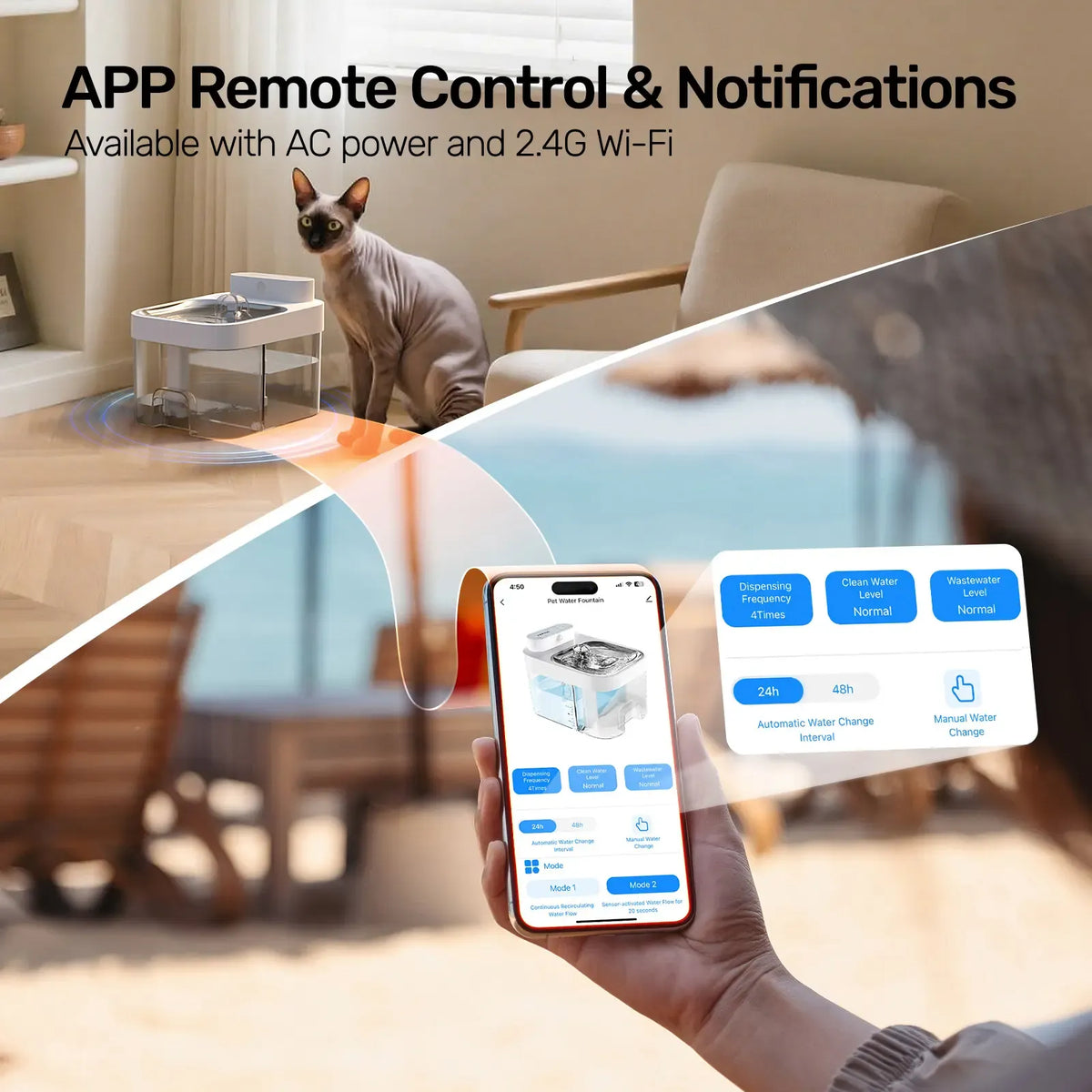 HAPAW Cat Water Fountain – 2.4GHz Wi-Fi App Control, 5000mAh Battery
